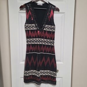 Elegant Black and Red Geometric Mini Dress Holiday Party Made In France